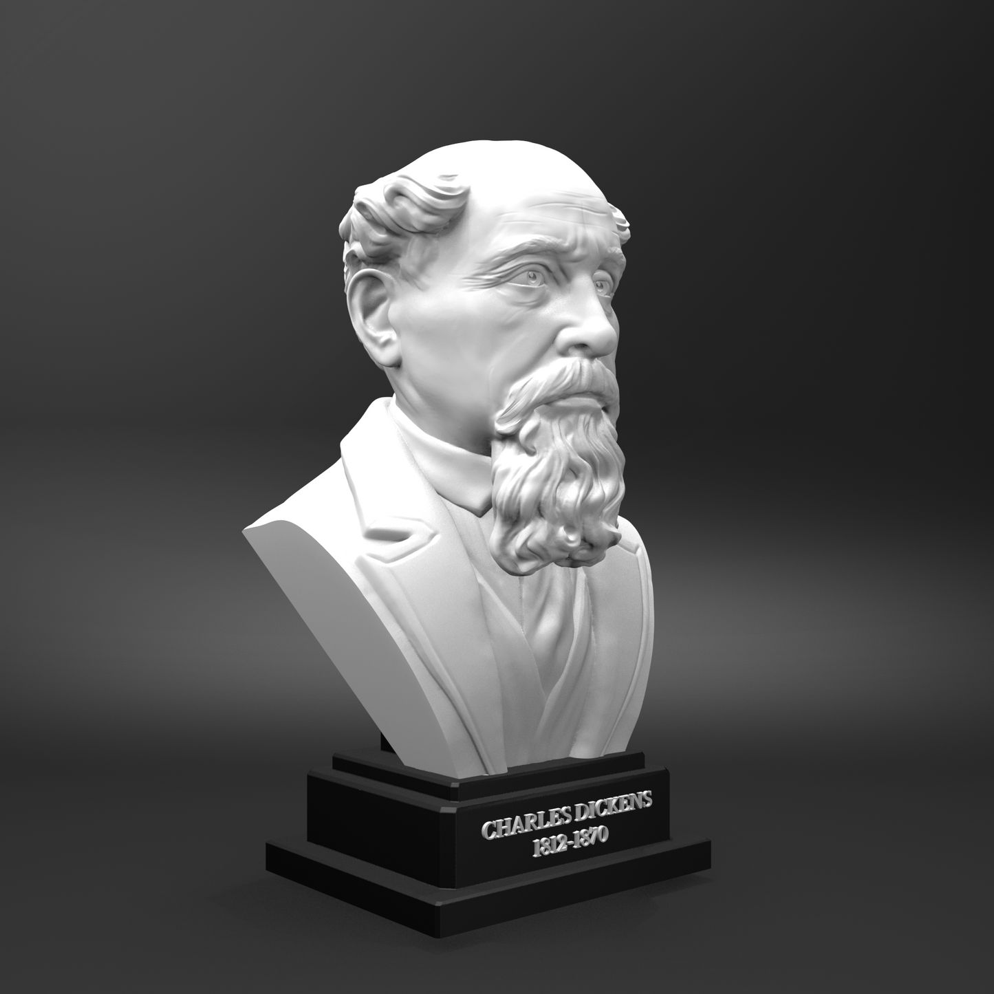 Bust of a historical figure on a dark background