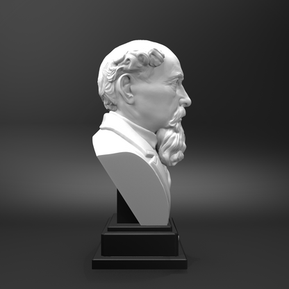 White marble bust of a man on a black pedestal against a dark background