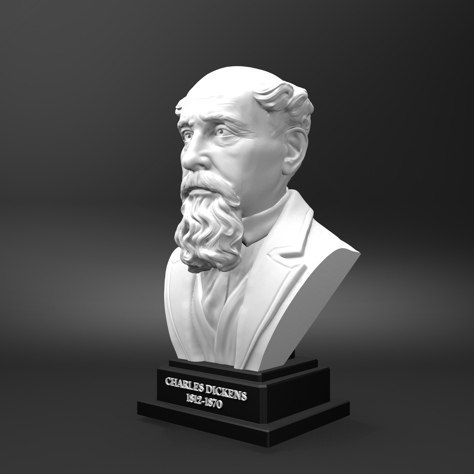 Bust of Charles Dickens on a dark background