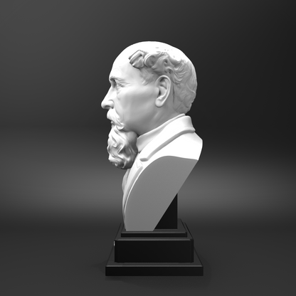 White marble bust of a man on a black base against a dark background