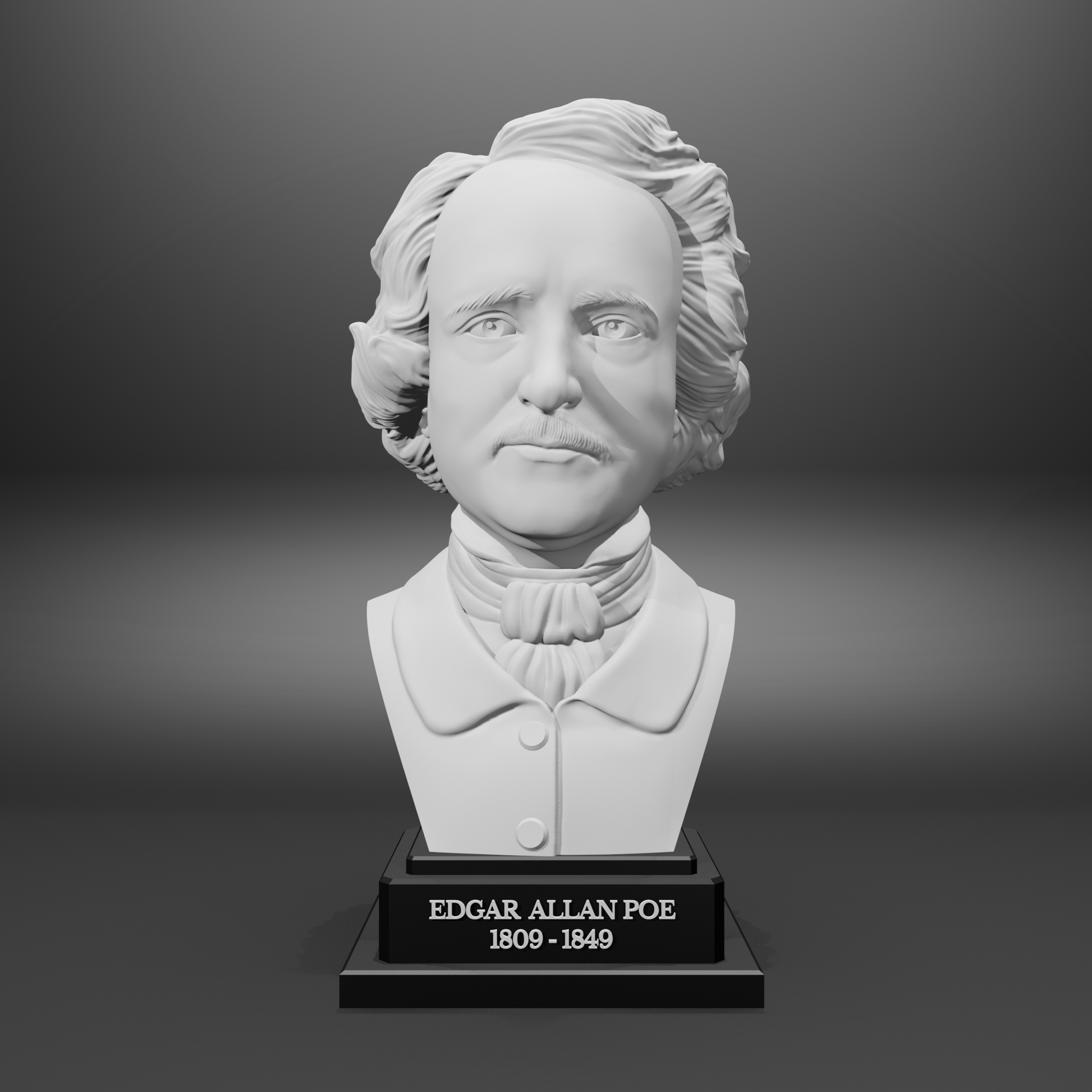 Bust of Edgar Allan Poe on a gray background