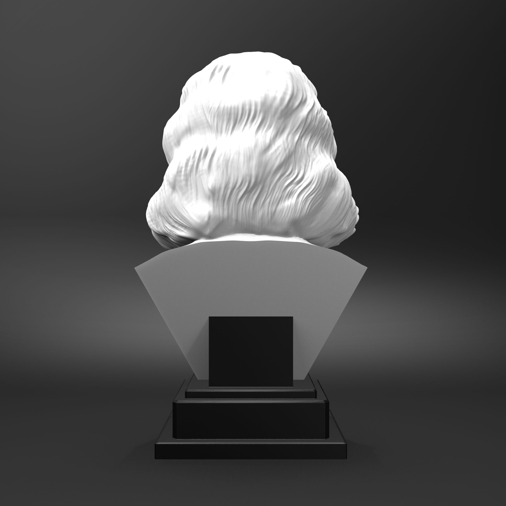 White hair sculpture on a black stand against a dark background