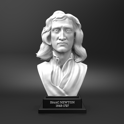 Bust of Isaac Newton on a black base with a gray background