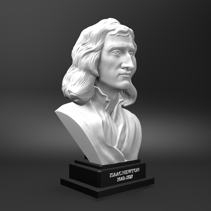 Bust of Isaac Newton on a black base against a dark background