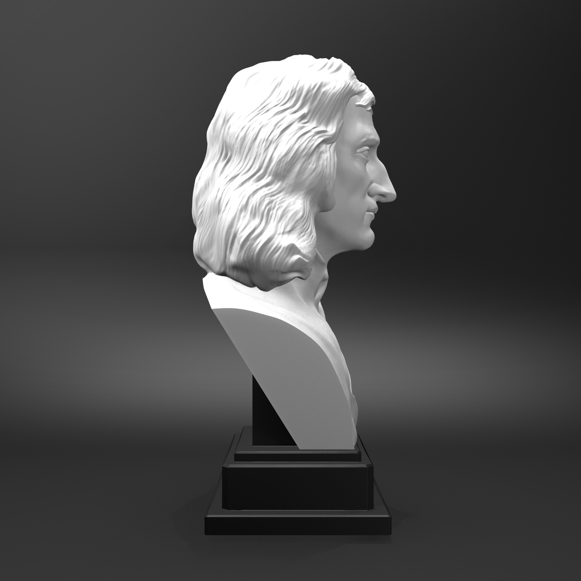 White bust on a black pedestal against a dark background