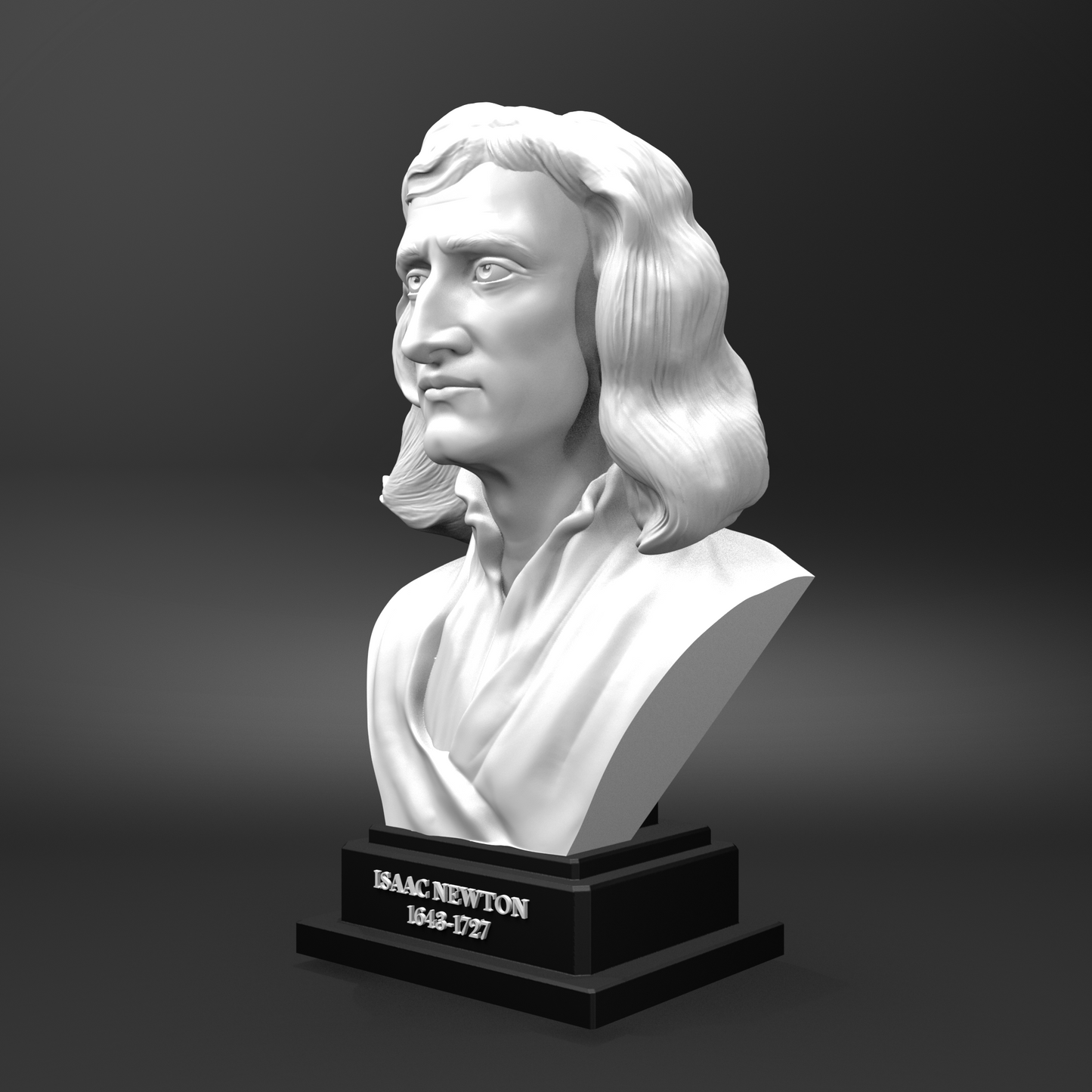 Bust of Isaac Newton on a black base against a gray background