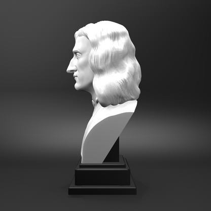White bust of a classical figure on a black pedestal against a dark background