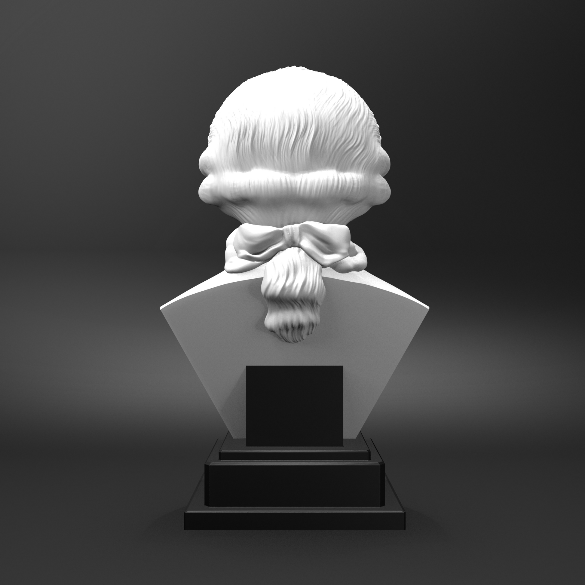 White bust on a black pedestal against a dark background