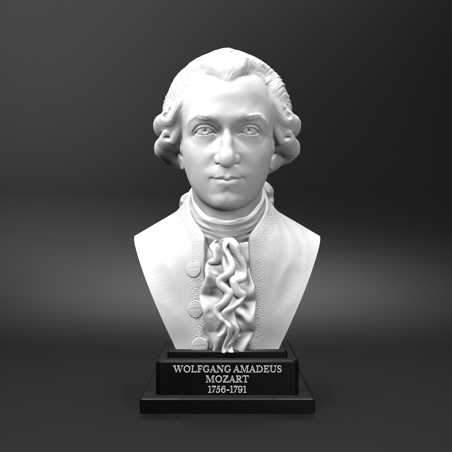 Bust of Wolfgang Amadeus Mozart on a black base against a dark background