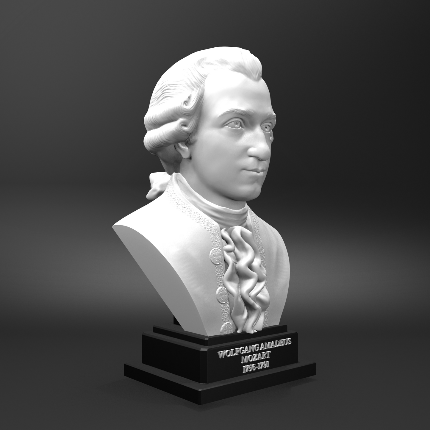 White bust of a historical figure on a black base against a dark background