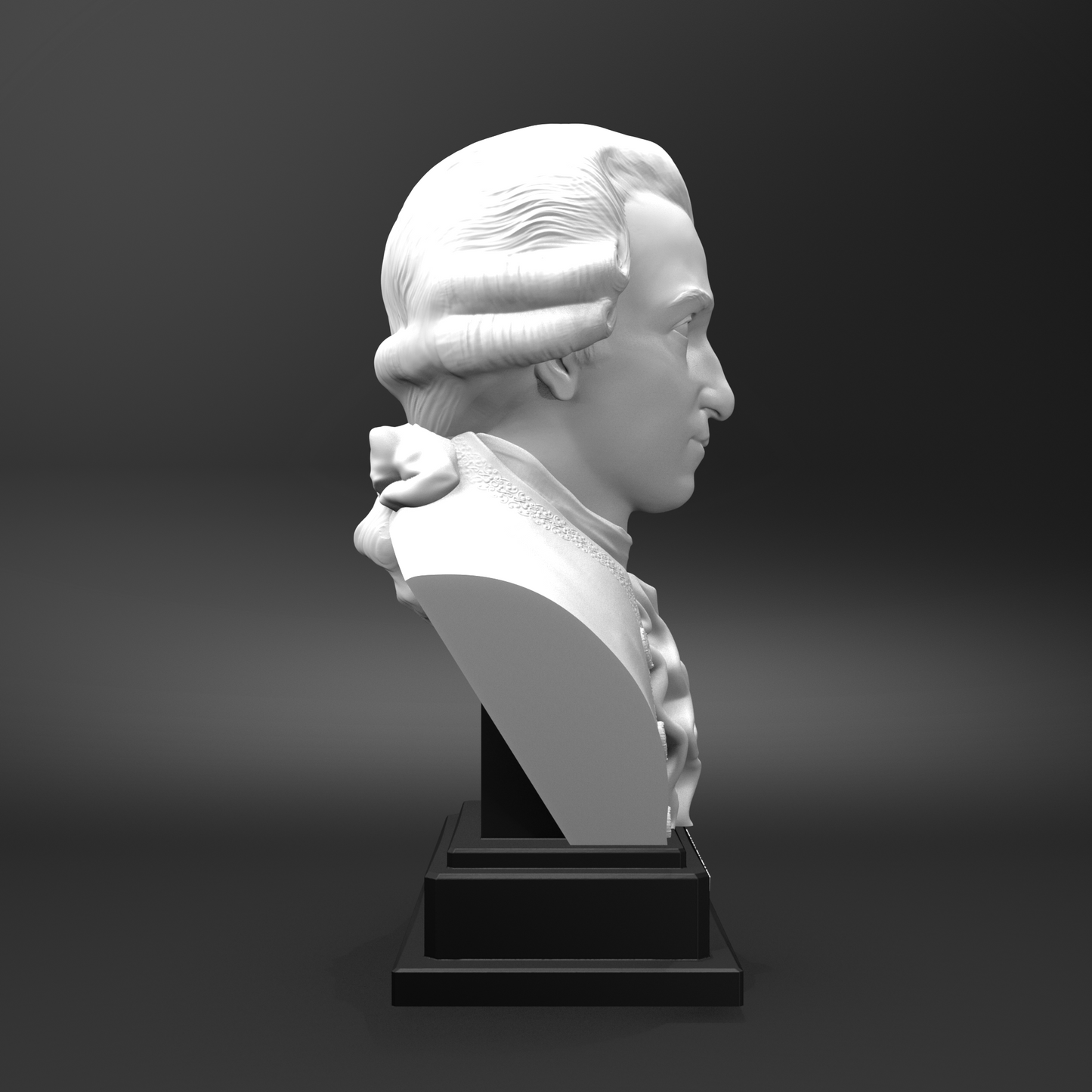 White bust on a black pedestal against a dark background