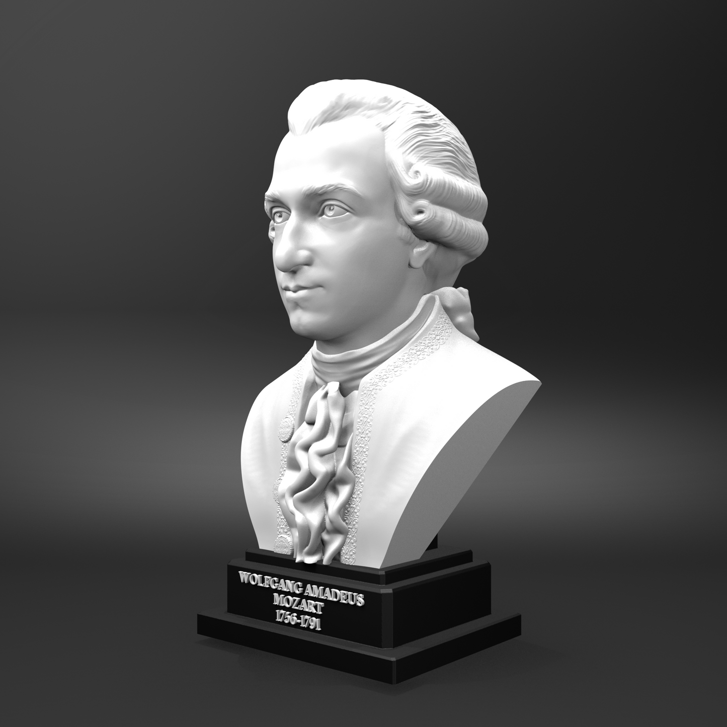 Bust of Wolfgang Amadeus Mozart on a dark background