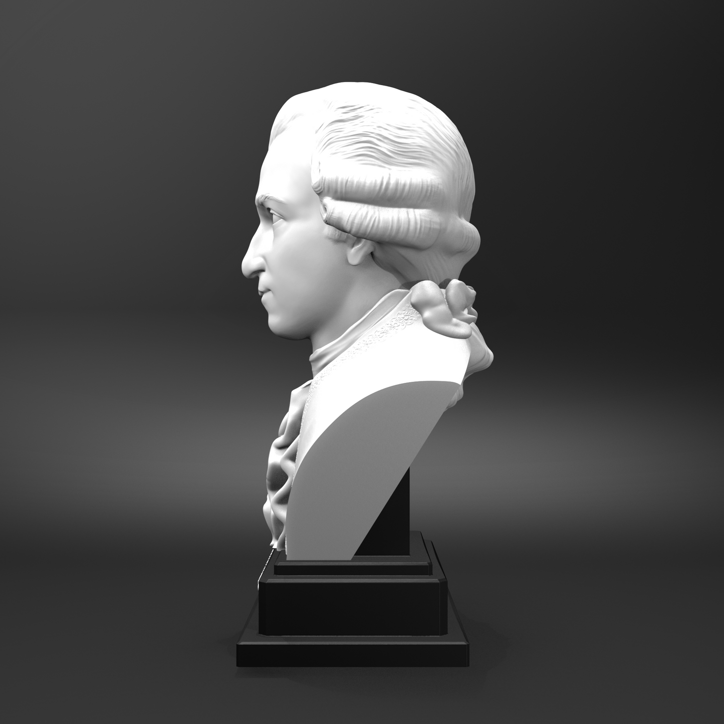 White bust on a black pedestal against a dark background