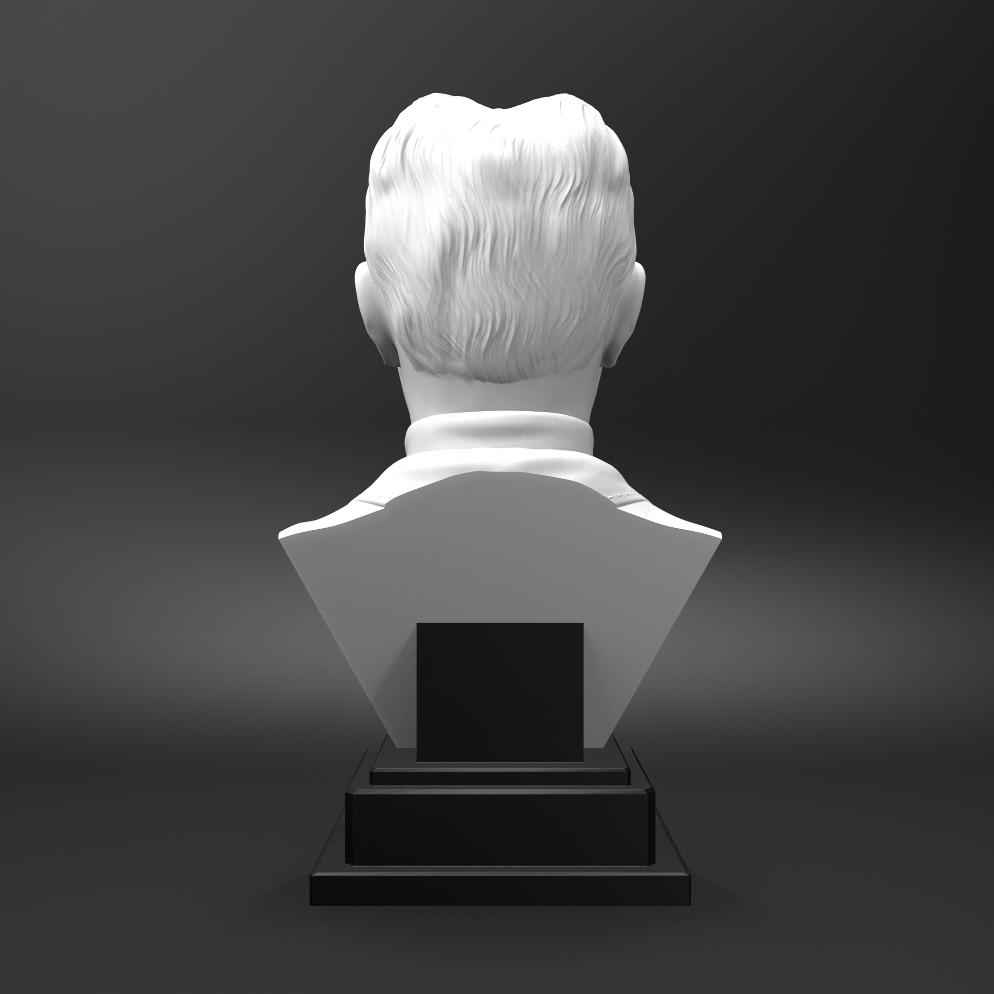 White bust on a black pedestal against a dark background