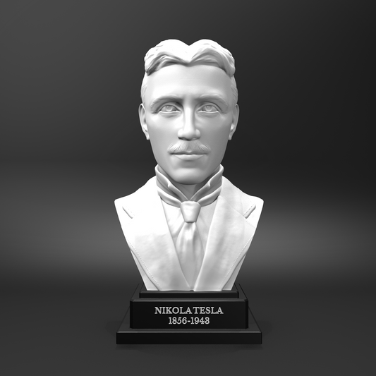 Bust of Nikola Tesla on a black base with a dark background