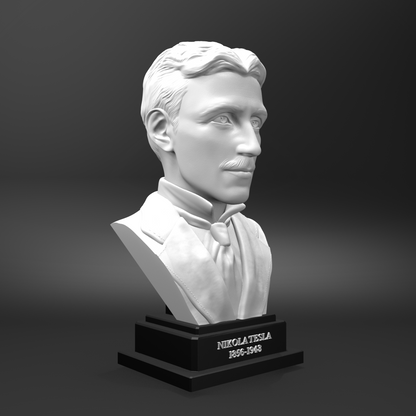 White marble bust of a man on a black base with 'Nikola Tesla' text against a dark background