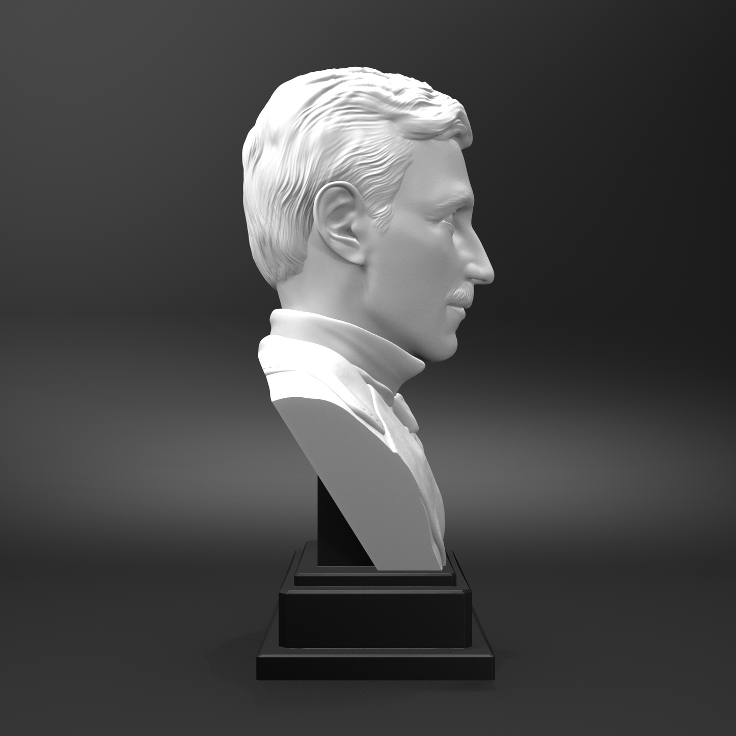 White bust of a man on a black base against a dark background