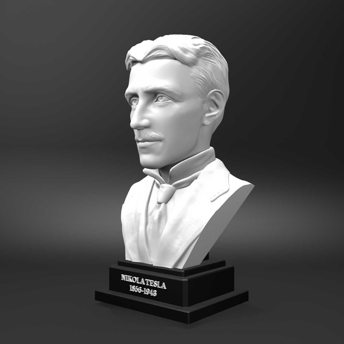 Bust of a historical figure on a black base with 'Nikola tesla' text against a dark background