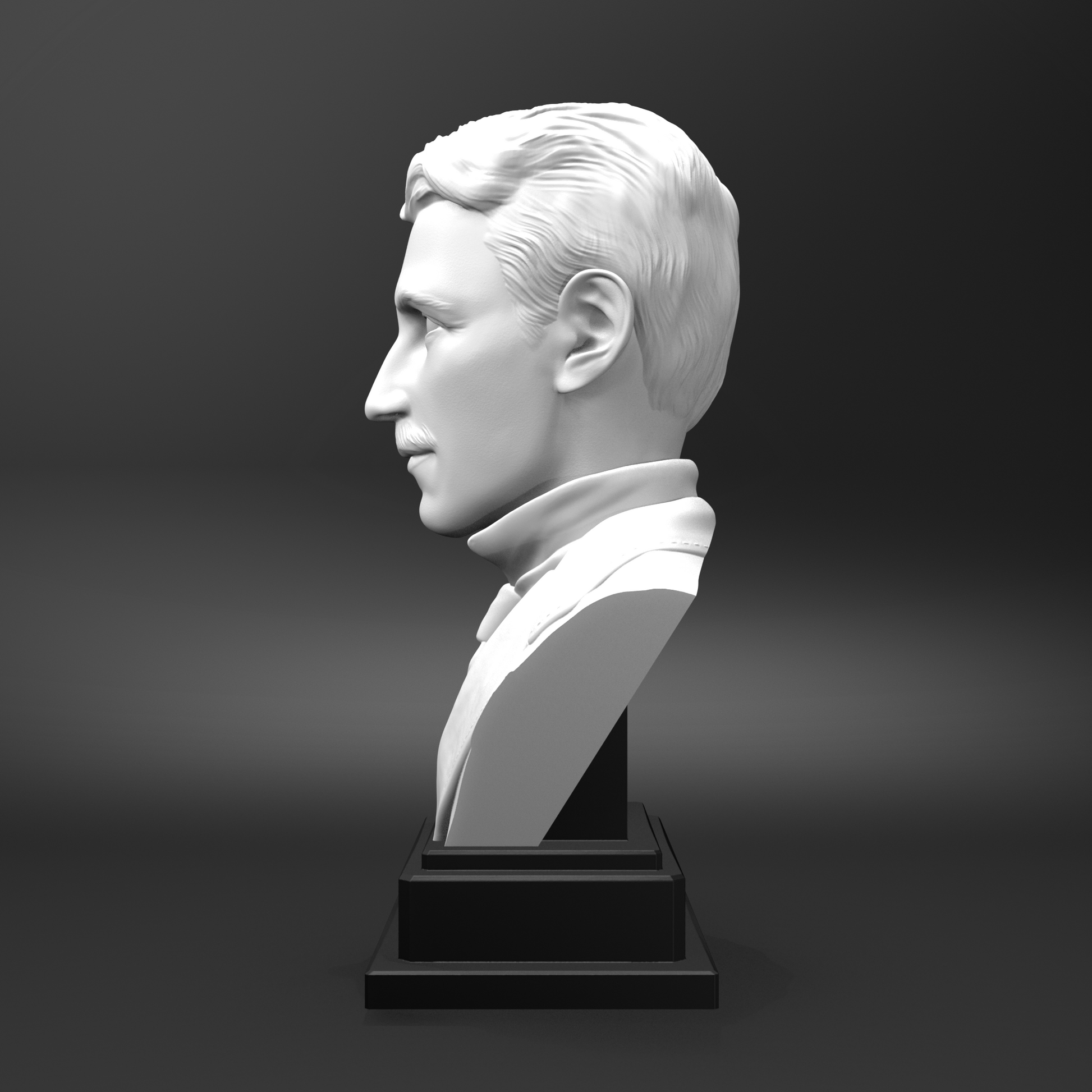 White bust of a man on a black base against a dark background