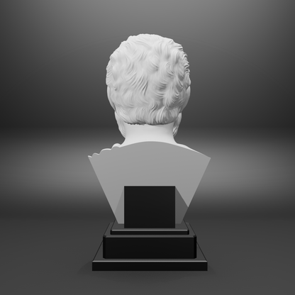 White bust on a black pedestal against a gray background