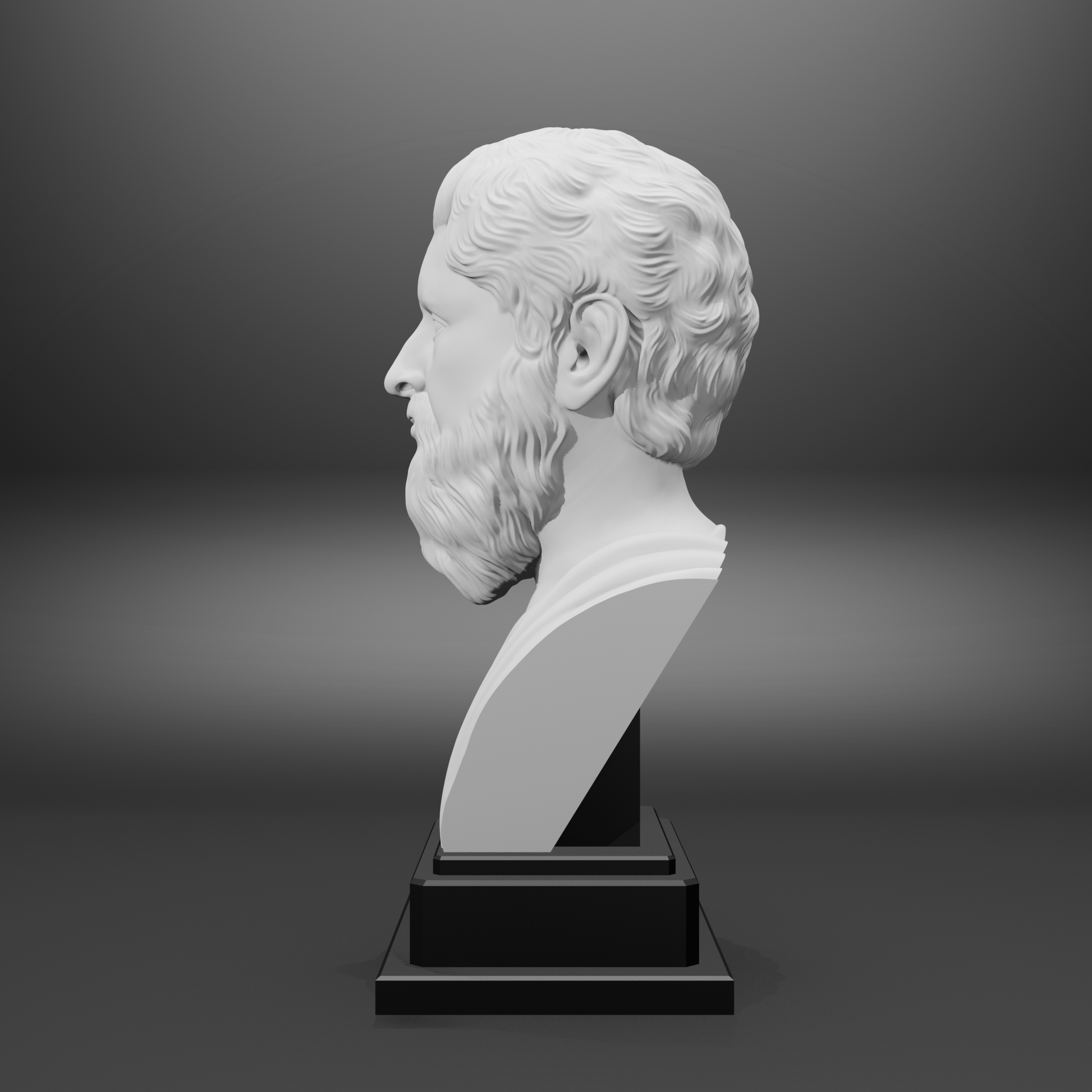 White bust of a classical figure on a dark gray background