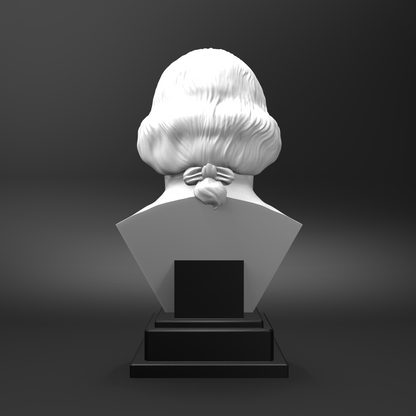 White bust on a black pedestal against a dark background