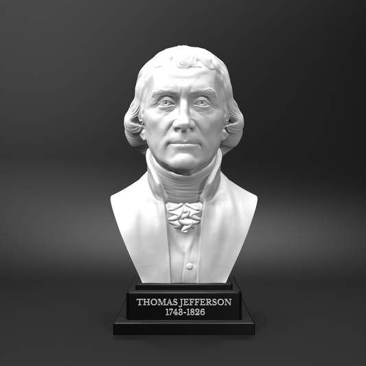 Bust of Thomas Jefferson on a black stand with a gray background