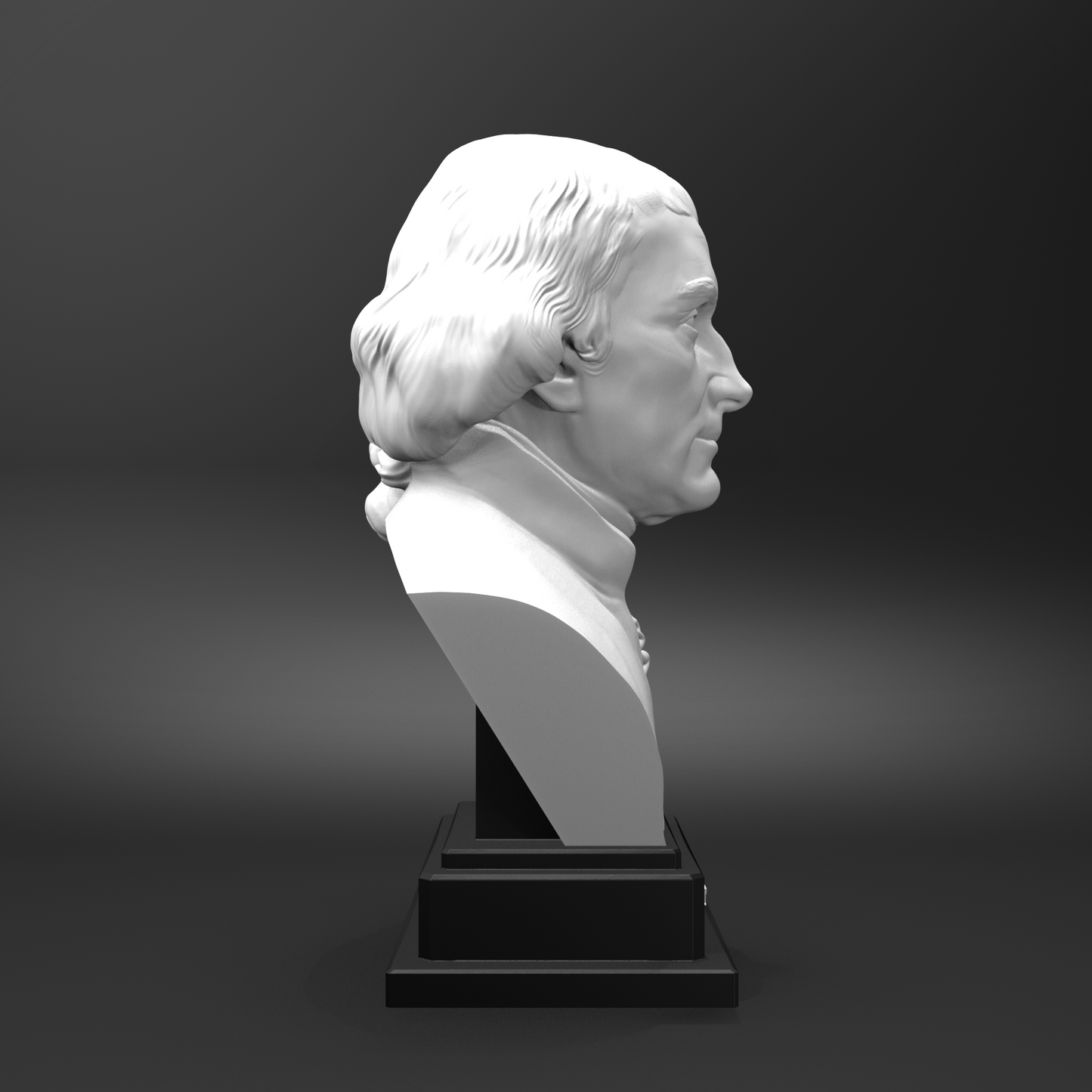 White bust on a black pedestal against a dark background