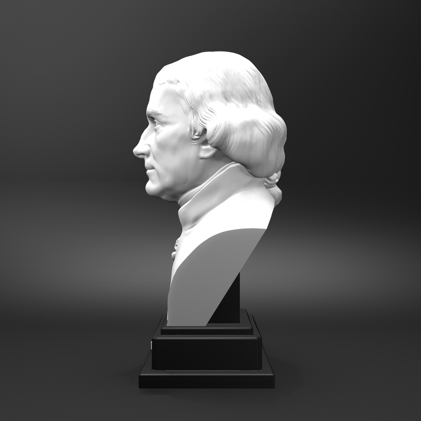 White bust of a classical figure on a black pedestal against a dark background
