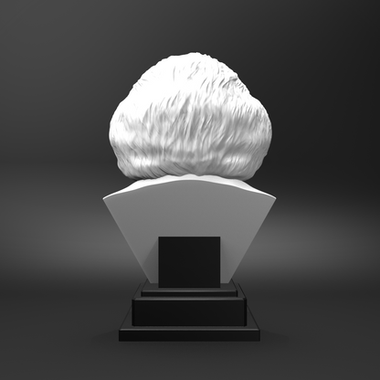 White bust on a black stand against a dark background