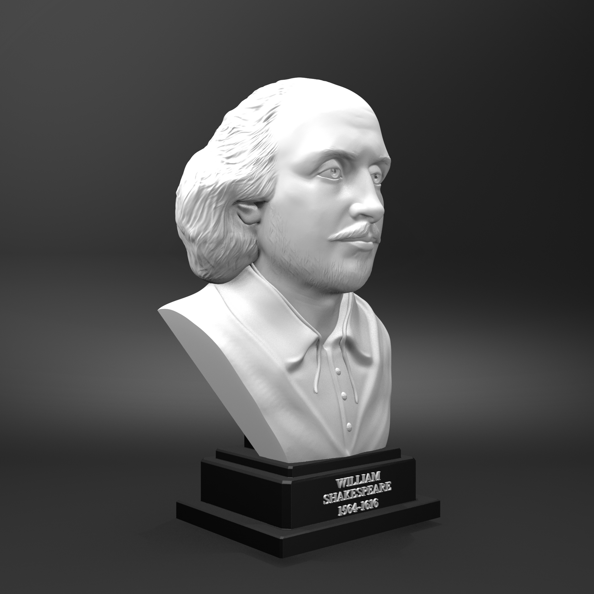 Bust of William Shakespeare on a black base against a dark background