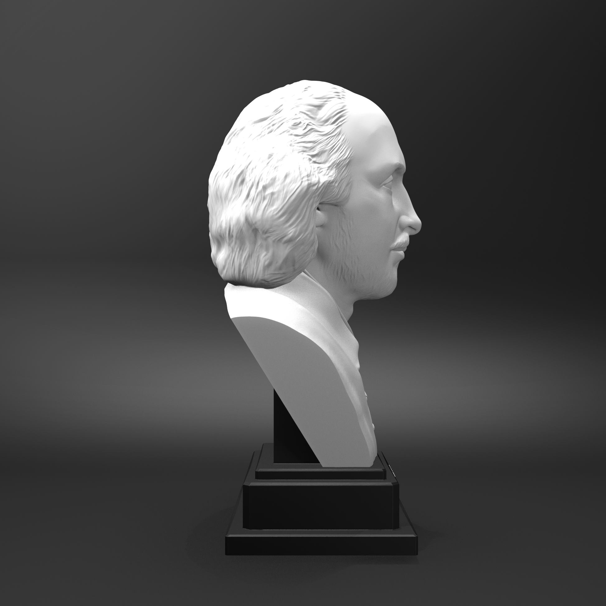 White bust on a black pedestal against a dark background