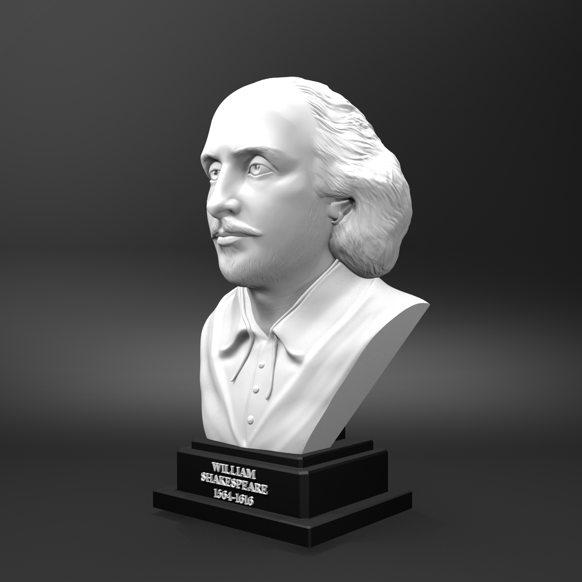 Bust of William Shakespeare on a black base against a gray background