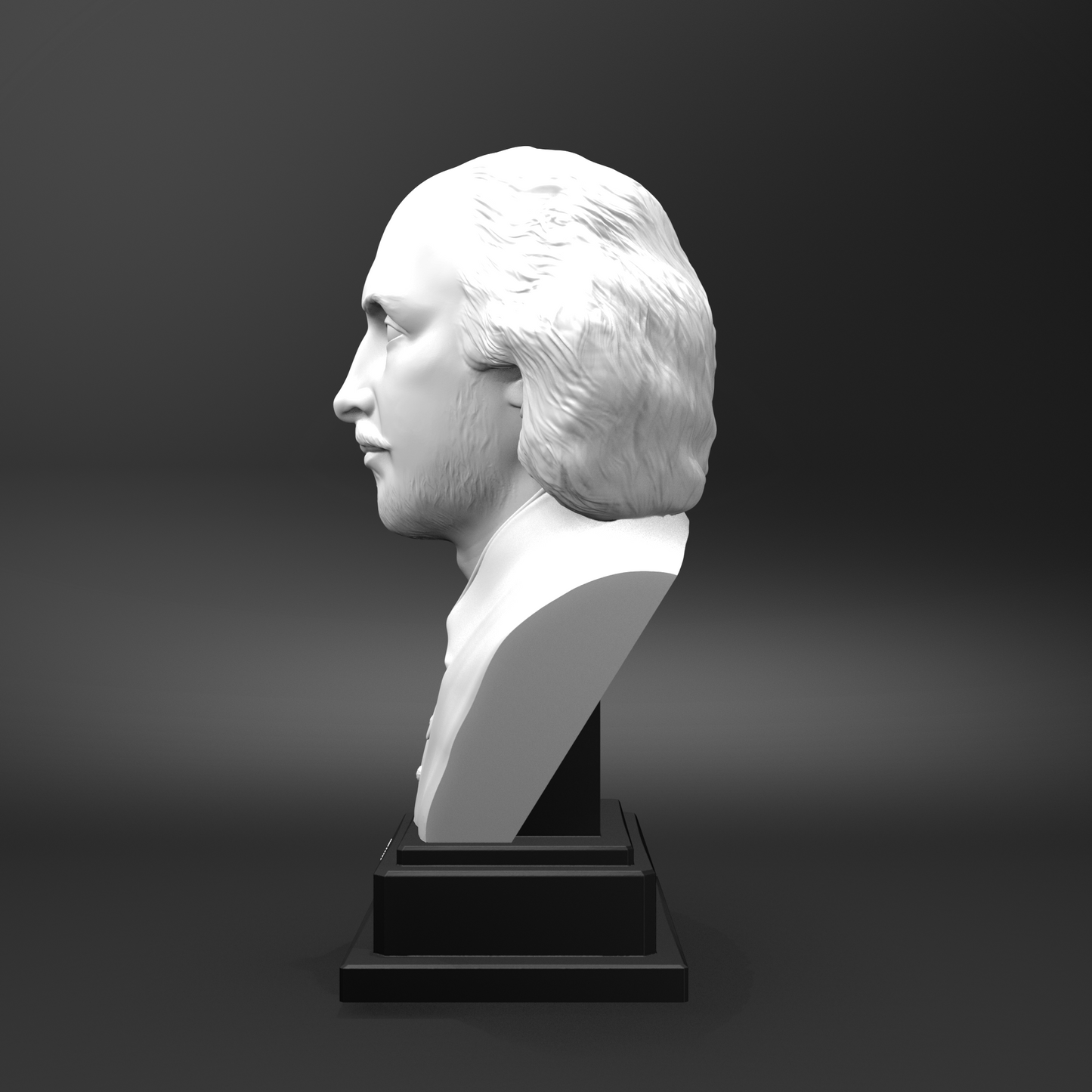 White marble bust on a black pedestal against a dark background